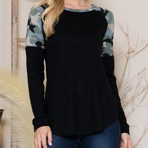 Long Sleeve Knit Top with Camo Contrast NWT